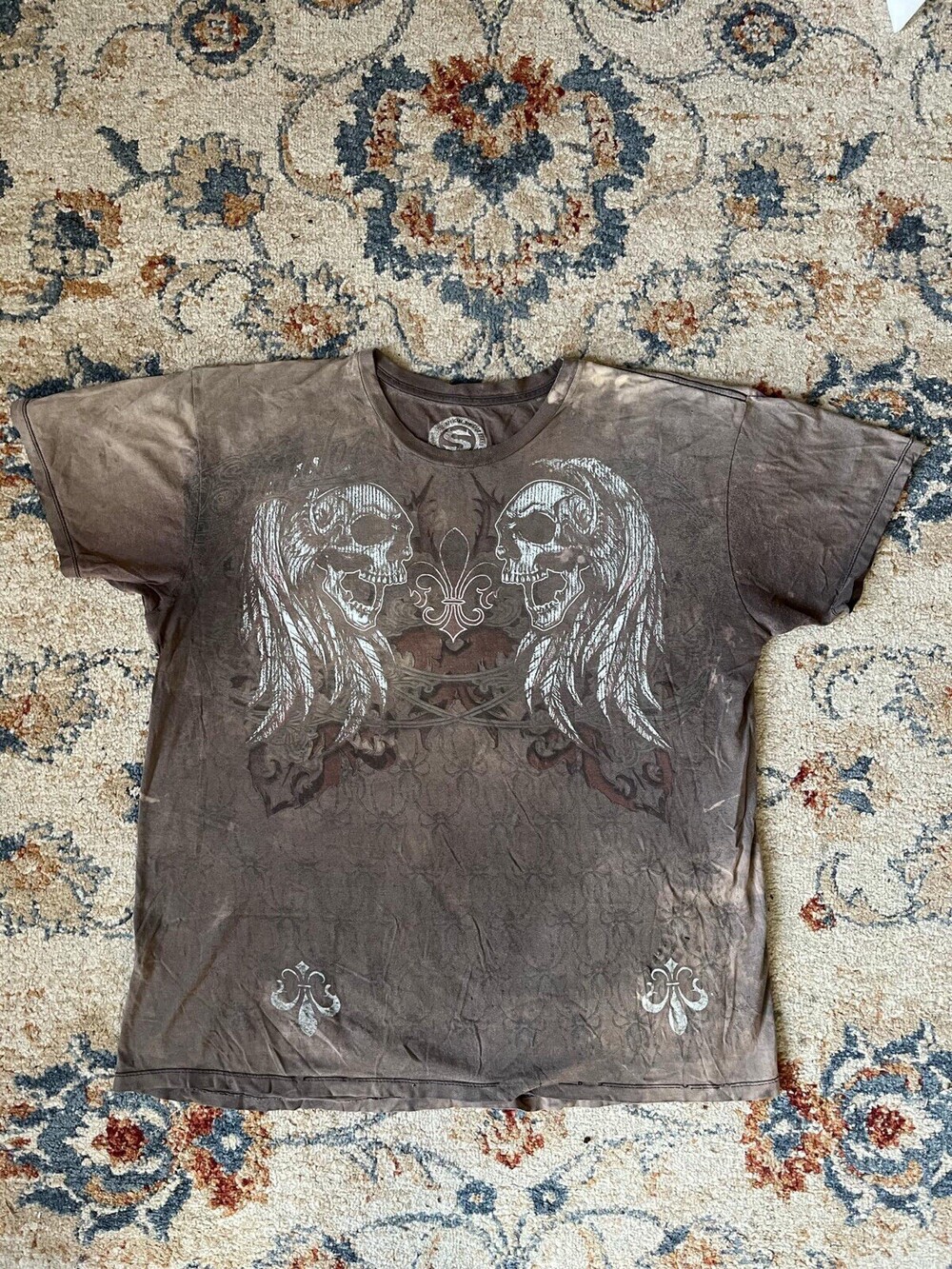 Sinister Brand MMA T Shirt Size XL Skull Indian Graphic Tee Y2K Brown Faded